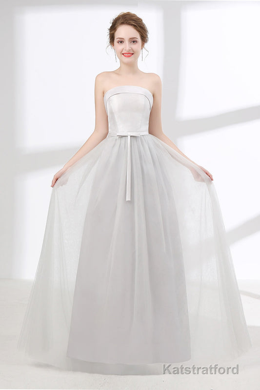 Tulle & Satin Strapless Neckline A-line Bridesmaid Dresses With Bowknot
