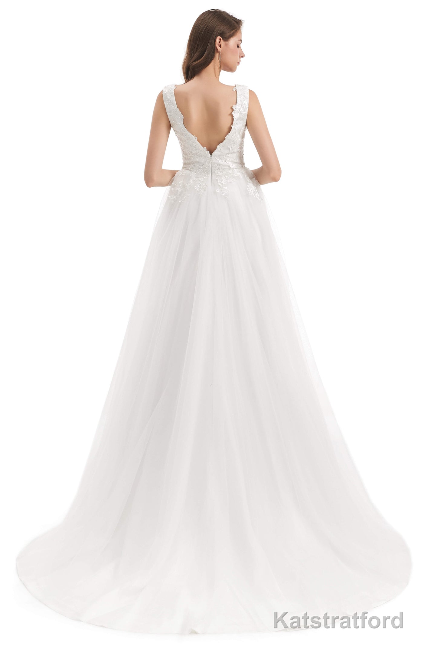 Tulle V-neck Backless Appliques Wedding Dresses