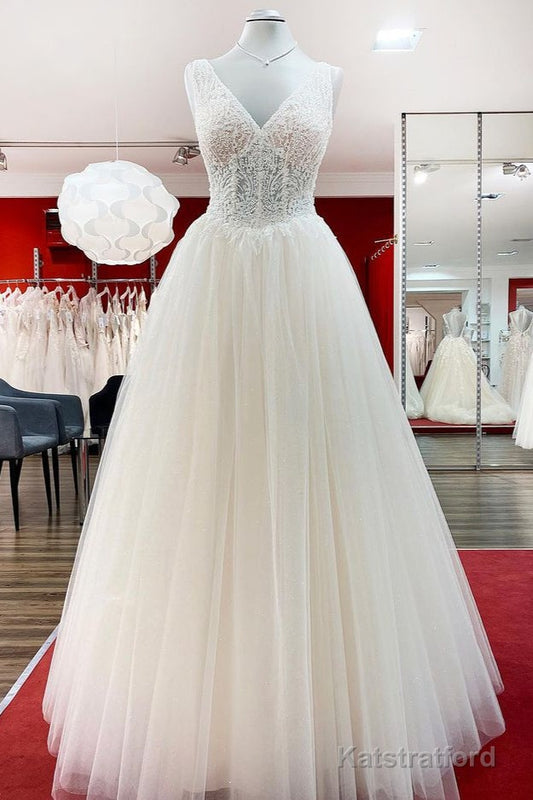 Unique Ivory Long Princess V-neck Tulle Lace Wedding Dress