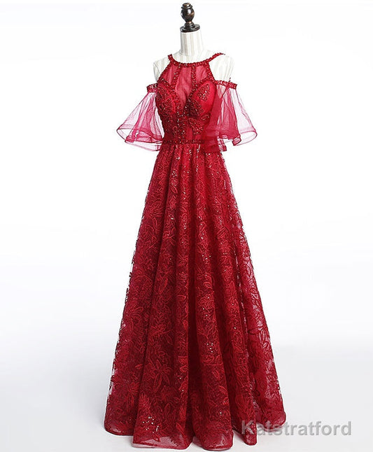 Unique Off Shoulder Tulle Lace Burgundy Long Prom Dress, Evening Dress