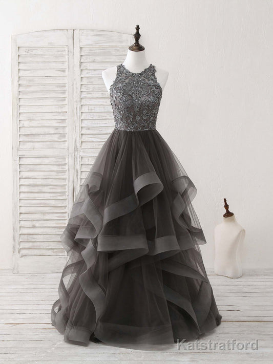 Unique Round Neck Lace Applique Tulle Long Prom Dresses