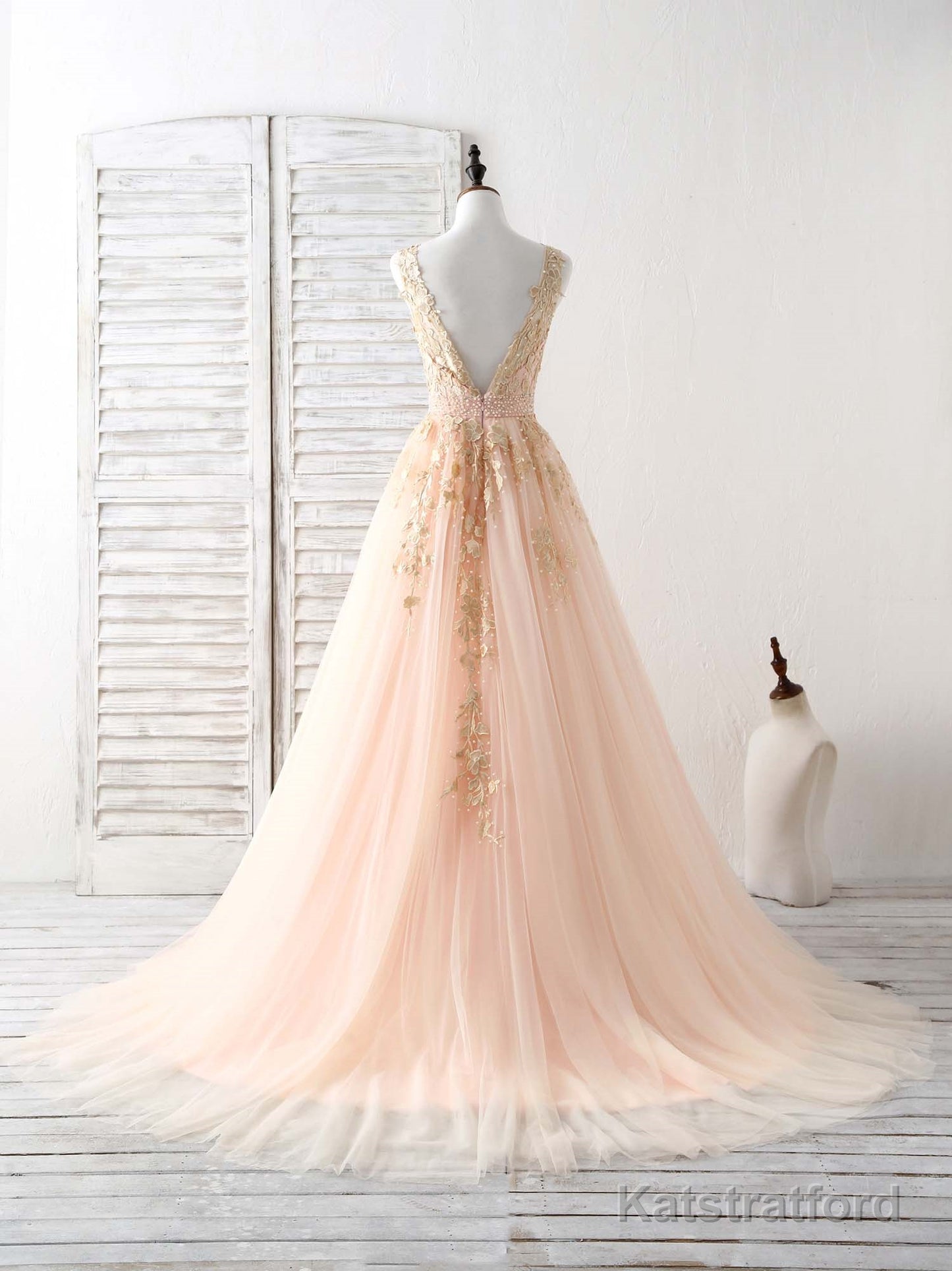 Unique V Neck Tulle Lace Applique Long Prom Dress, Evening Dress