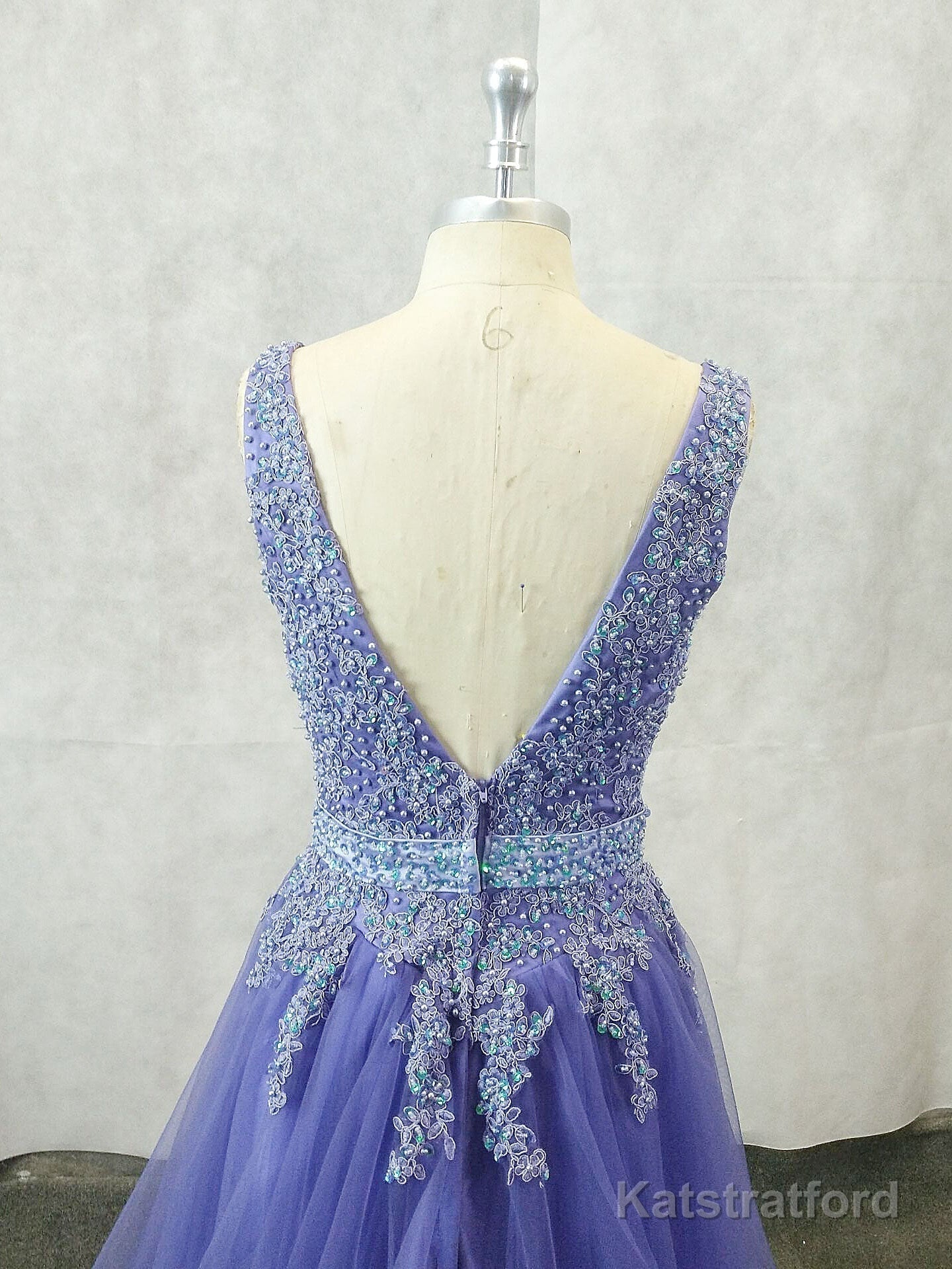 Unique V Neck Tulle Lace Applique Long Prom Dress, Tulle Evening Dress