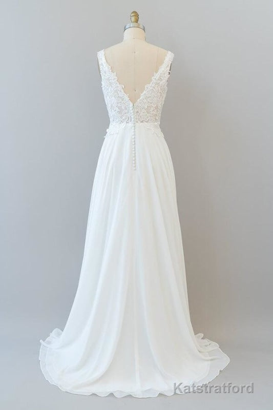 V-neck Appliques Chiffon A-line Wedding Dress