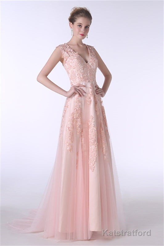 V-Neck Lace Applique Tulle A Line Peach Pink Prom Dresses