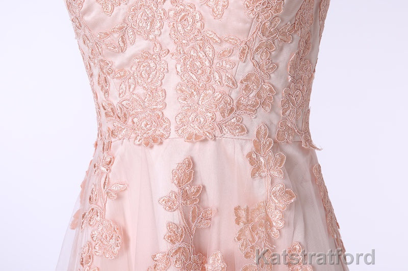 V-Neck Lace Applique Tulle A Line Peach Pink Prom Dresses