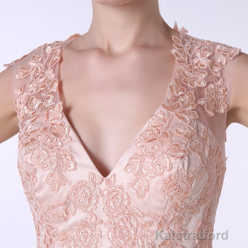 V-Neck Lace Applique Tulle A Line Peach Pink Prom Dresses