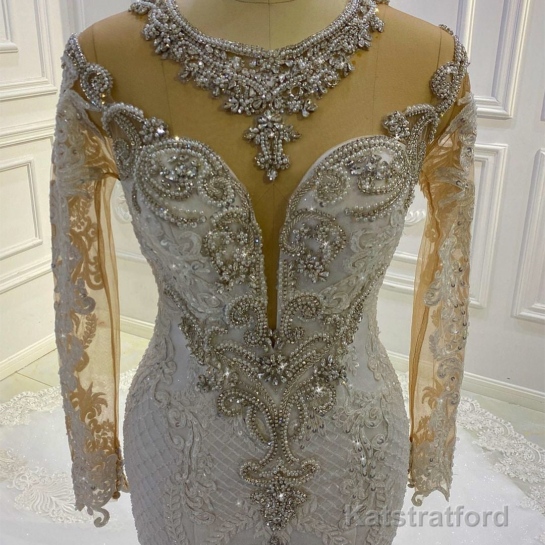 Vintage Long Sleeve Appliques Lace Beading Sequins Mermaid Wedding Dress