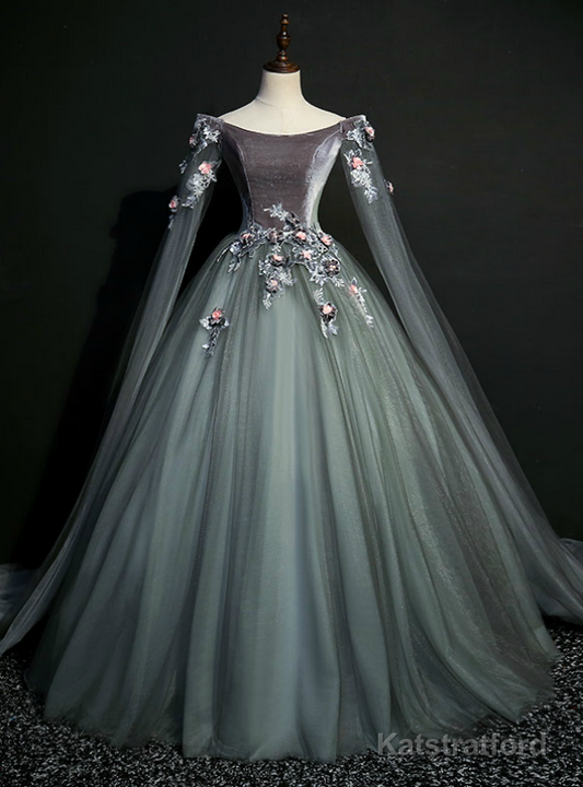 We Provide Gray Tulle Velvet Off the Shoulder Appliques Quinceanera Dress