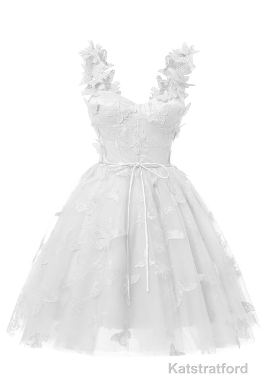 White 3D Butterfly Lace Applique Tulle Homecoming Dress for Teens Sweetheart Mini Short Prom Dresses