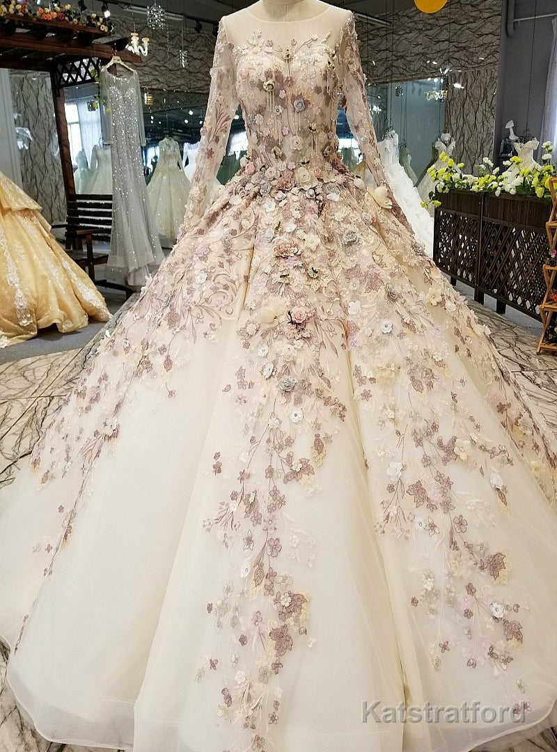 White Ball Gown Long Sleeve Flower Floor Length Wedding Dress