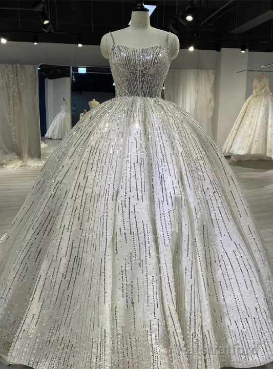 White Ball Gown Tulle Sequins Beading Straps Wedding Dress