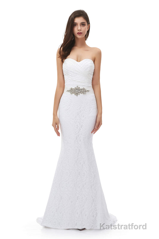 White Mermaid Lace Sweetheart Pleats Belt Wedding Dresses