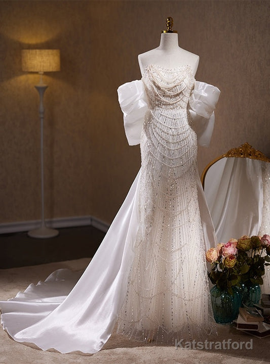 White Mermaid Sequins Beading Strapless Wedding Dress