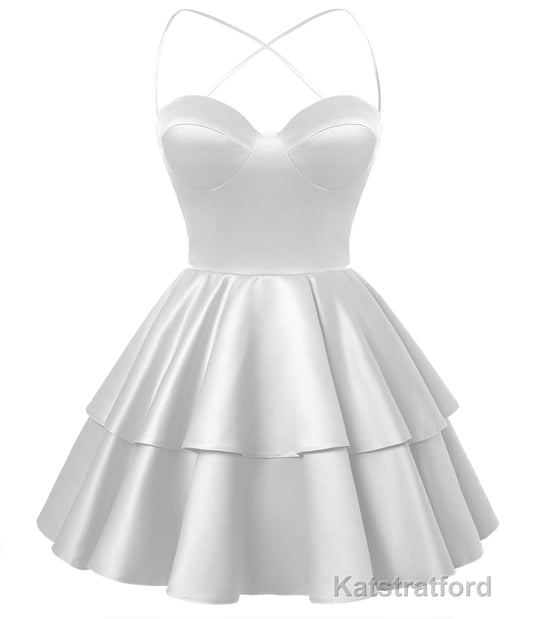 White Satin Homecoming Dress Sweetheart Neck Tiered Short Graduation Dresses