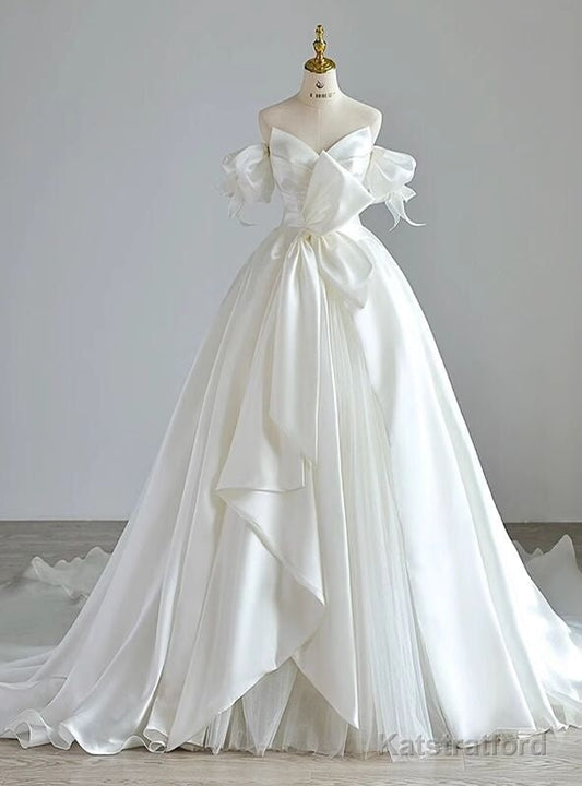 White Satin Strapless Puff Sleeve Wedding Dress