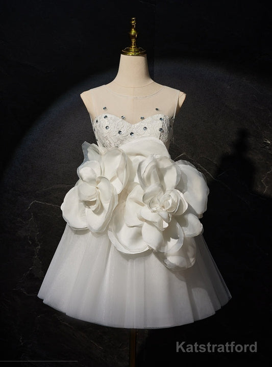 White Tulle Lace Backless 3D Flower Wedding Dresss