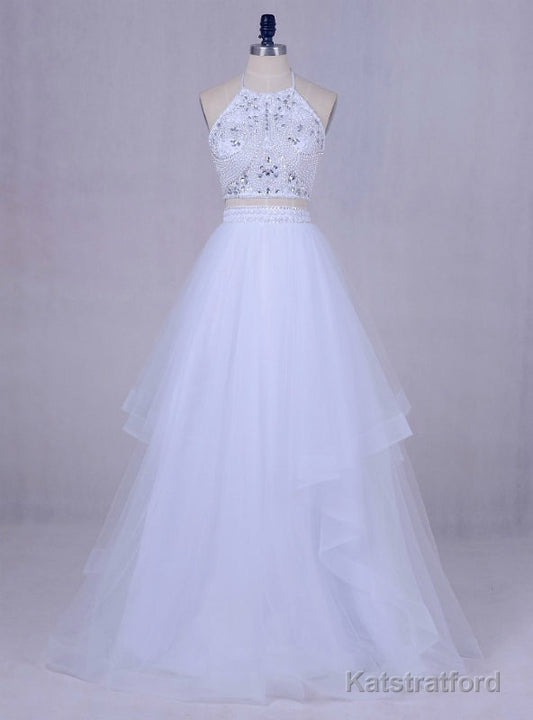 White Tulle Long Graduation Beading Halter Backless 2 Piece Prom Dress