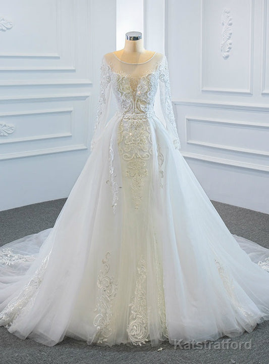 White Tulle Long Sleeve Beading Wedding Dress With Removable Train