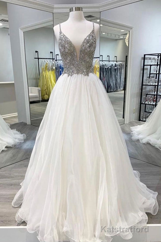 White v neck tulle long prom dress white tulle formal dress