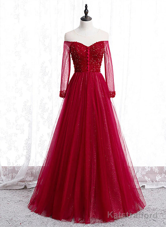 Wine Red Long Sleeves Beaded Tulle Evening Gown A-line Wine Red Long Prom Dress prom dresses shops