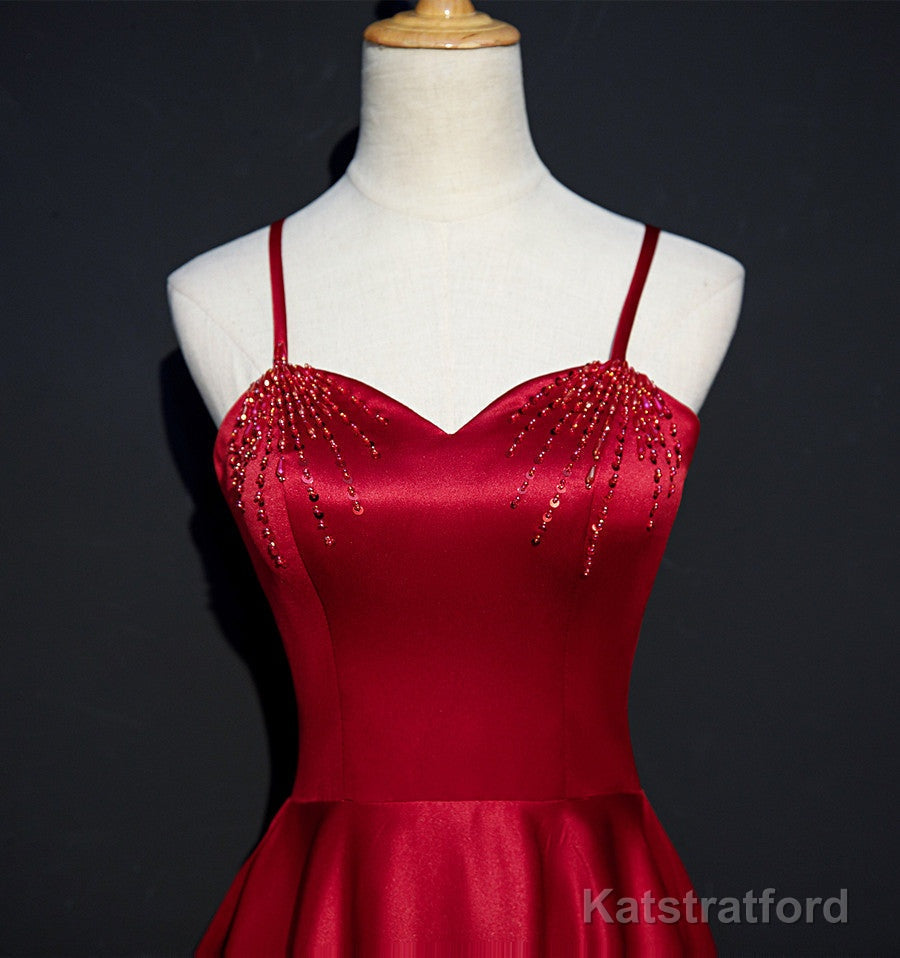 Wine Red Satin Beaded Sweetheart Party Dress, A-line Wine Red Prom Dress