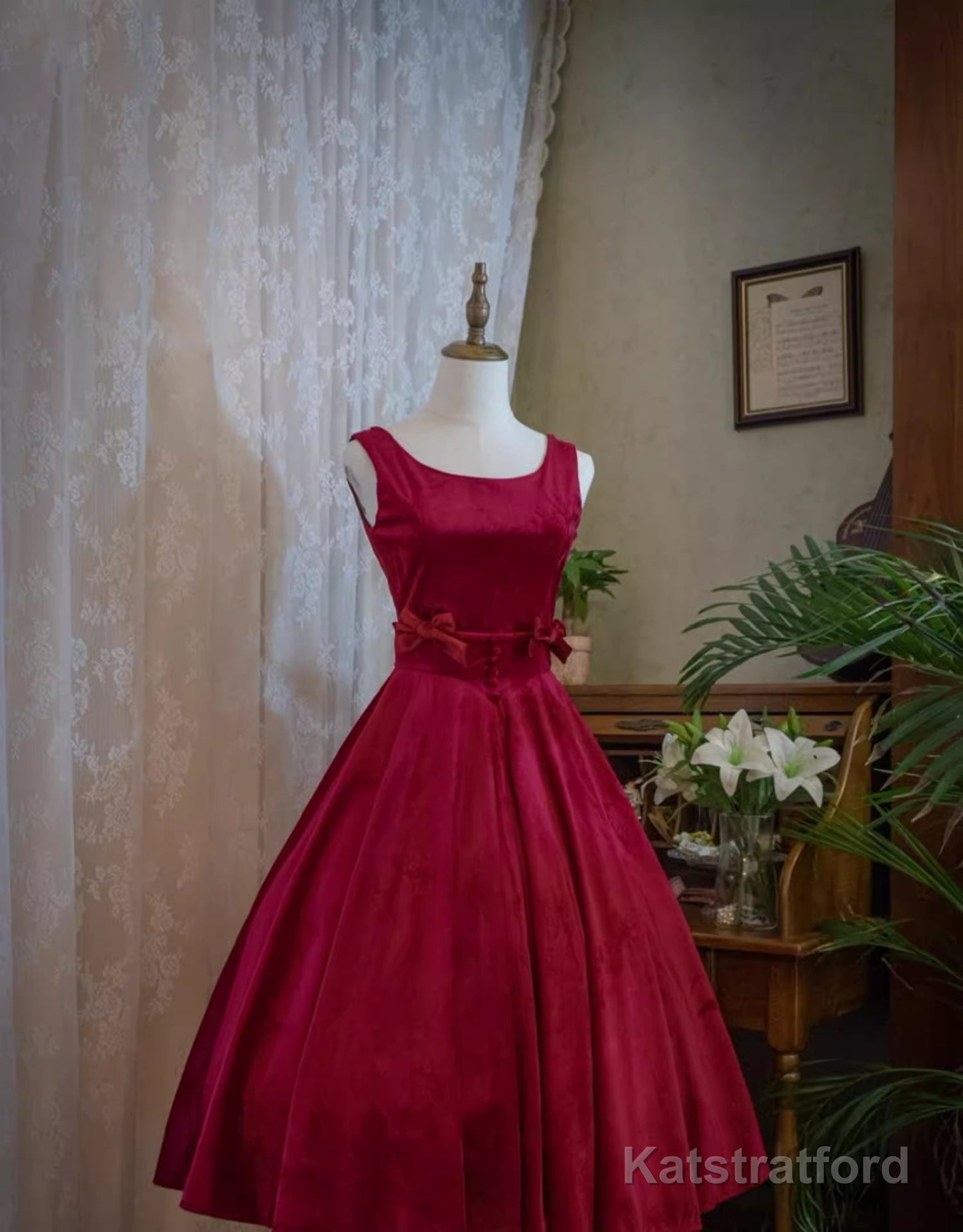Wine Red Satin Tea Length Party Dress with Bow, Wine Red Wedding Party Dress