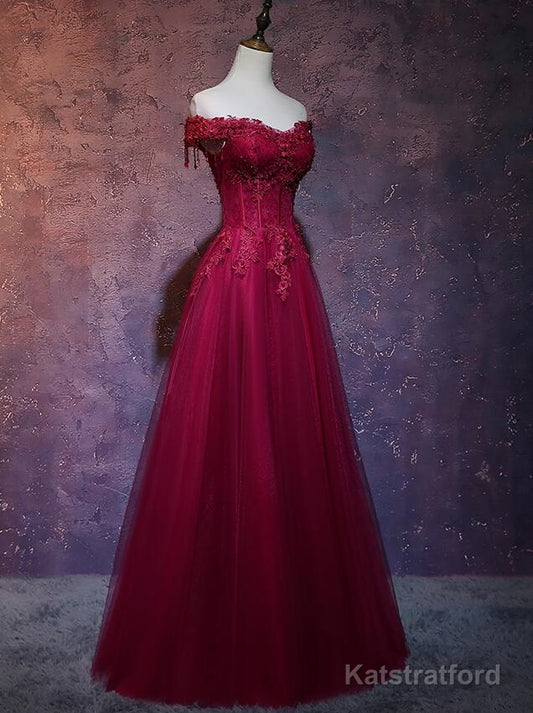 Wine Red Tulle Sweetheart Long Prom Dress, A-line Party Dress