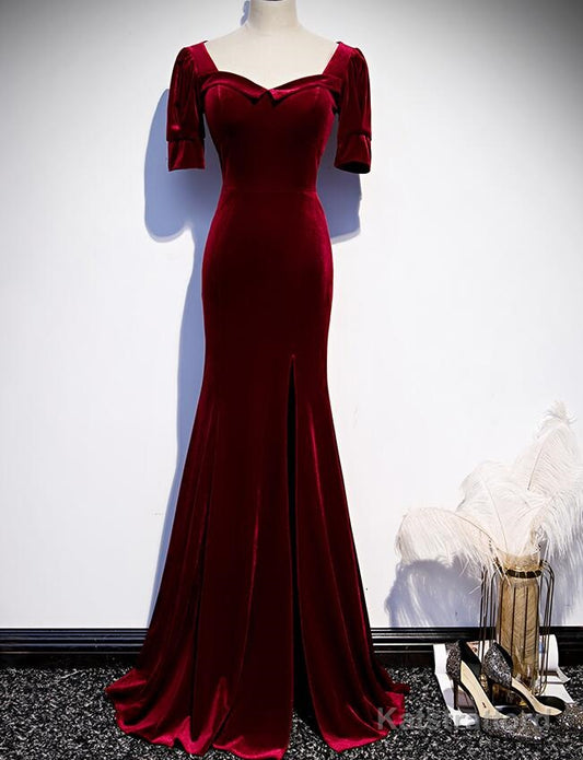 Wine Red Velvet Mermaid Long Evening Party Dresses, Dark Red Velvet Formal Dresses