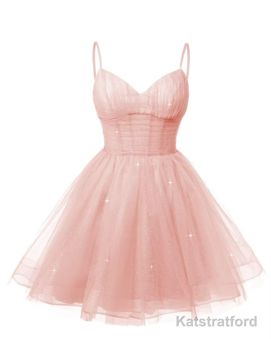Womens V Neck Tulle Spaghetti Straps Pearl Pink Homecoming Dresses with Corset Back Short Prom Gowns for Teens