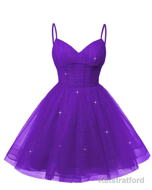 Womens V Neck Tulle Spaghetti Straps Purple Homecoming Dresses with Corset Back Short Prom Gowns for Teens