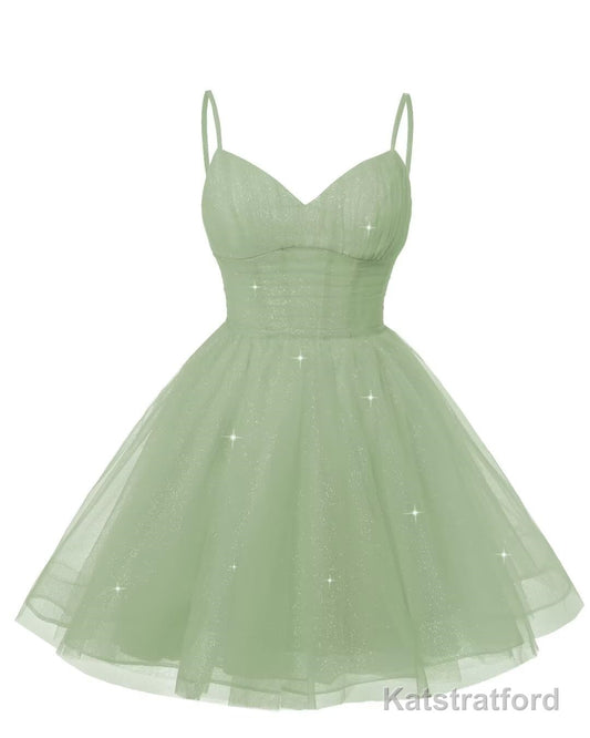 Womens V Neck Tulle Spaghetti Straps Sage Green Homecoming Dresses with Corset Back Short Prom Gowns for Teens