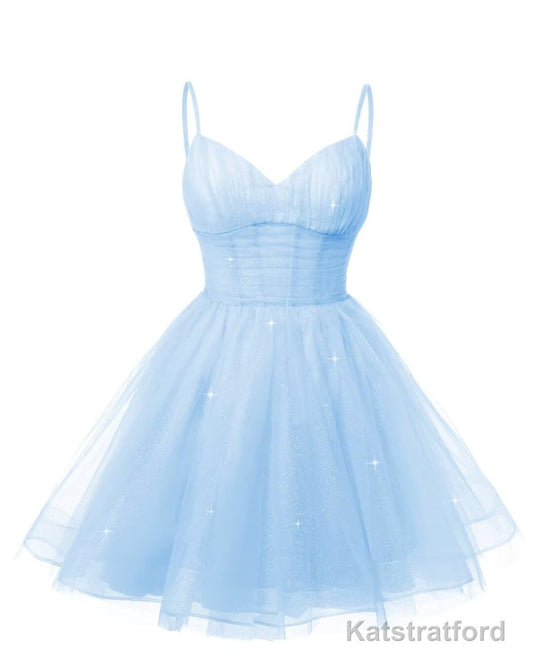 Womens V Neck Tulle Spaghetti Straps Sky Blue Homecoming Dresses with Corset Back Short Prom Gowns for Teens