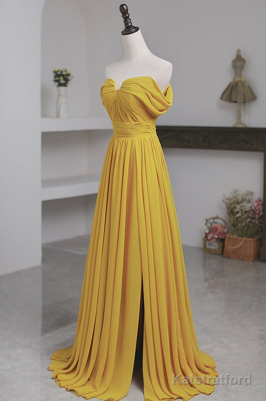 Yellow Chiffon Long A-Line Prom Dress, Simple Yellow Evening Dress with Slit