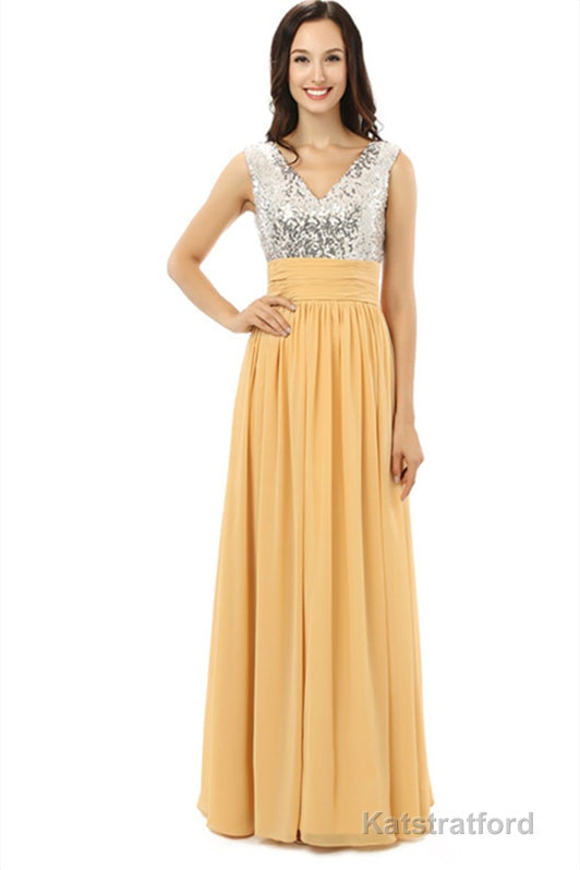 Yellow Chiffon Silver Sequins V-neck Backless Bridesmaid Dresses