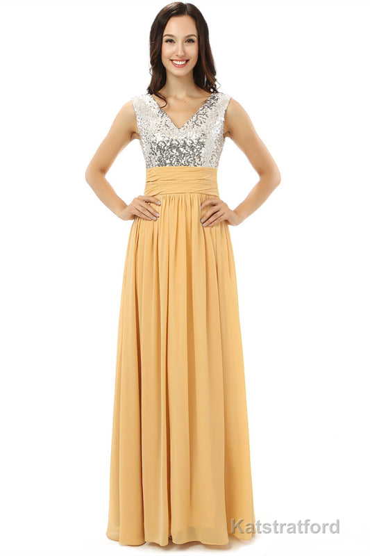 Yellow Chiffon Silver Sequins V-neck Backless Bridesmaid Dresses