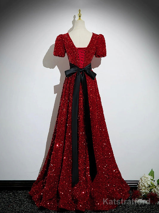 Burgundy V-Neck Sequins Long Prom Dress, A-Line Evening Party Dress with Bow